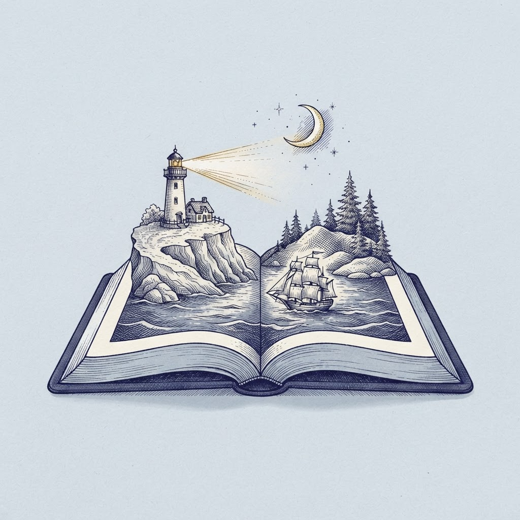 Ink illustration of an open book from which a lighthouse, ship and pine trees rise